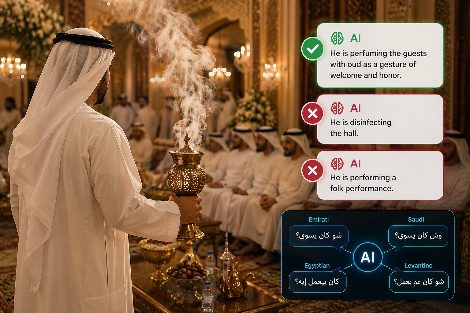 AI can spot the right answer at an Emirati wedding. Saying it in Emirati is harder